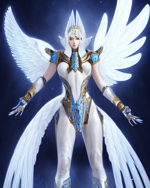 Image similar to perfect ornate white haired attractive egyptian goddess with huge white dove wings, warframe armor, beautiful, symmetric, dreamy, half asian, pretty face, blue eyes, detailed, scifi platform, laboratory, experiment, 4 k, ultra realistic, epic lighting, android body, illuminated, cinematic, masterpiece, art by akihito tsukushi, voidstar