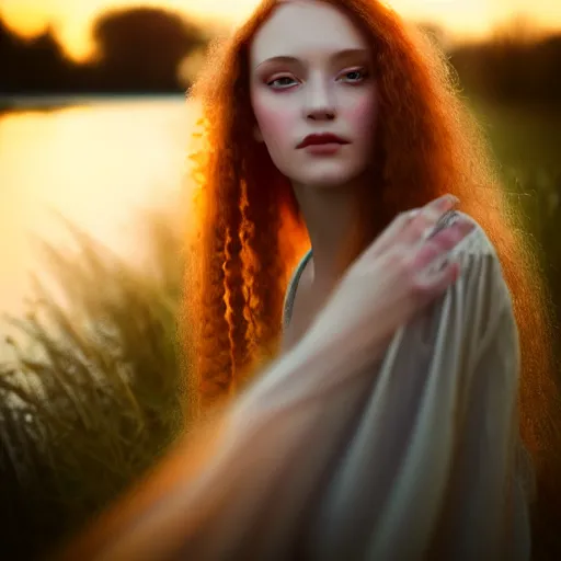 Prompt: closeup photographic portrait of a stunningly beautiful english renaissance female mage in soft dreamy light at sunset, beside the river, soft focus, contemporary fashion shoot, hasselblad nikon, by edward robert hughes