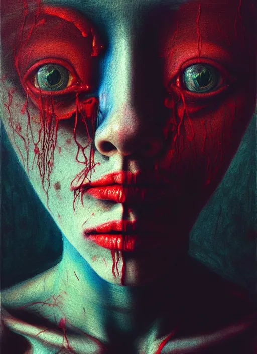 Prompt: there is ugliness in beauty, but there is also beauty in ugliness detailed portrait painting inspired by beksinski and alex gray, accurate anatomy, anamorphic lens, anamorphic lens flares, kodakchrome, cinematic composition, award winning photo, by jenny saville, gaspar noe and christopher doyle 8 k
