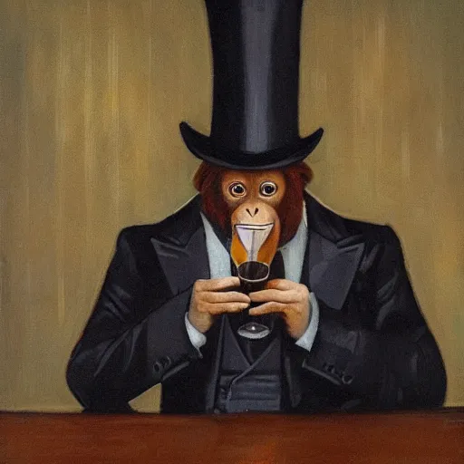 Prompt: full body photo portrait of an orangutan wearing a top hat and sipping on a glass of whiskey, inside a lounge at night with diffused lighting