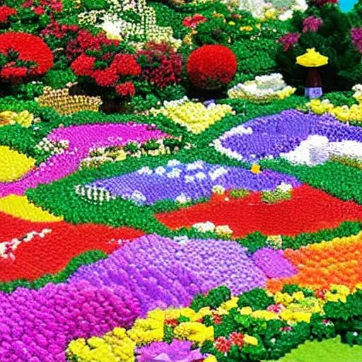 Image similar to a gorgeous garden on the edge of a cliff filled with beautiful flowers of all colors and from all around the world, fully in lego bricks