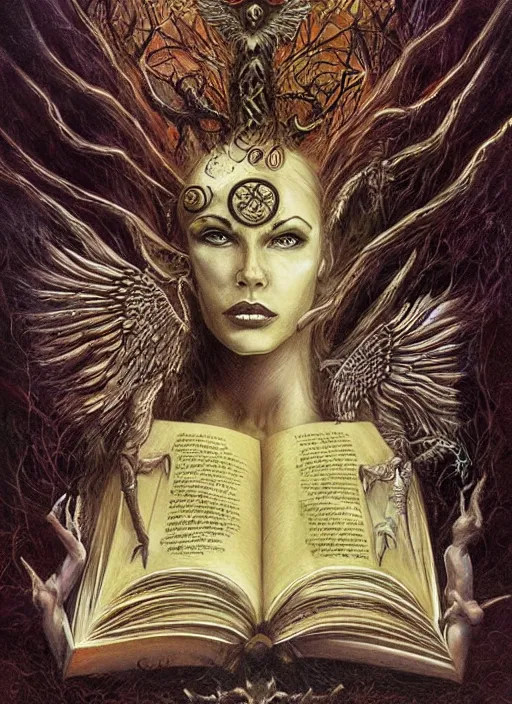 Prompt: supernatural ideal cult leader, extra - sensory perception and parapsychology, showing hidden knowledge from dark ritual book, intricate detail, surrealism masterpiece composition, by julie bell