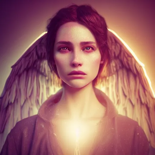 Image similar to portrait art of female angel by alessio albi 8 k ultra realistic, angel wings, lens flare, atmosphere, glow, detailed, intricate, full of colour, cinematic lighting, trending on artstation, 4 k, hyperrealistic, focused, extreme details, unreal engine 5, cinematic, masterpiece