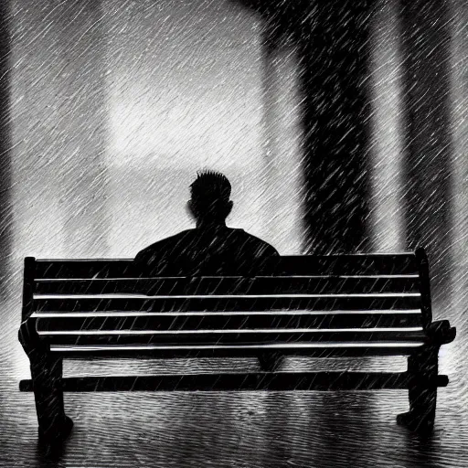 Prompt: a silhouette of a man on a bench while its raining looking down, 4k, digital art, hyper detailed