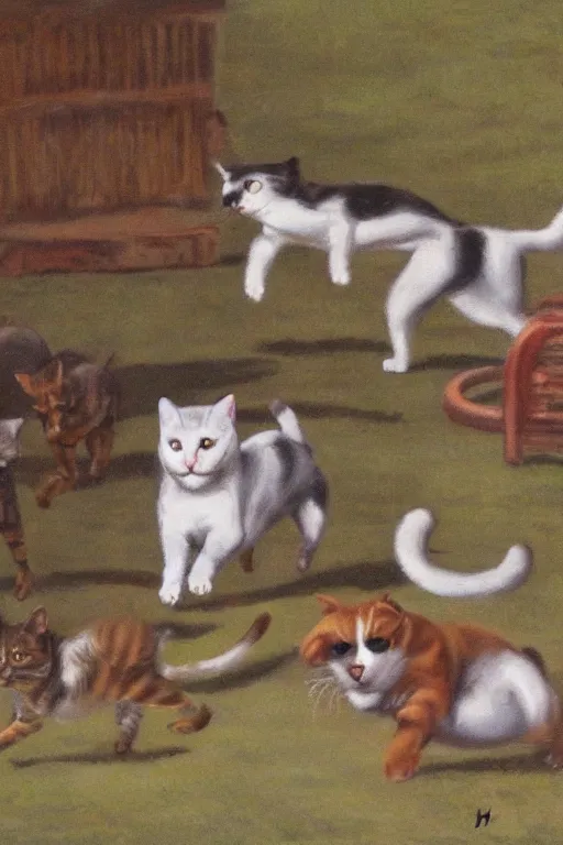 Image similar to a cat chasing dogs by peggy fortnum