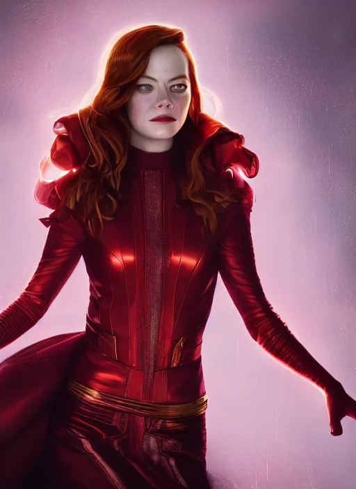 Image similar to portrait of emma stone as the scarlet witch, hyper detailed, digital art, cinematic lighting, studio quality, smooth render, unreal engine 5, octane rendered, art style by klimt and nixeu and ian sprigger and krenz cushart.