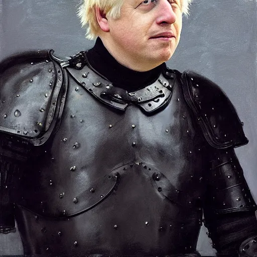 Image similar to close up of boris johnson in full leather armor, cinematographic shot, by daniel f. gerhartz