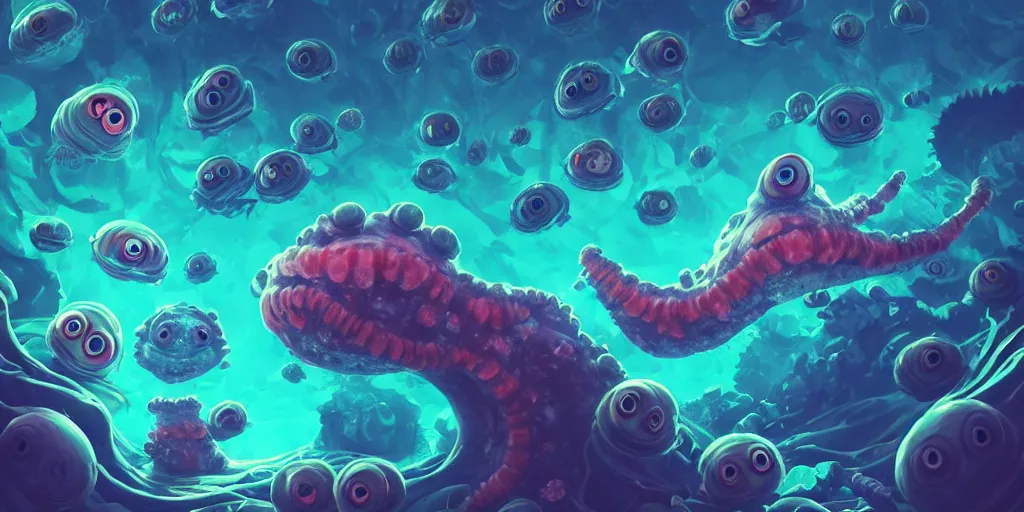 Image similar to of a colorful cloudy deep sea under water with strange cute friendly happy creatures with huge eyes, mouth, long tongue and round teeth appearing from sandy coral, in the style of gehry and gaudi, macro lens, shallow depth of field, highly detailed, digital painting, trending artstation, concept art, illustration, cinematic lighting, photorealism, epic, octane render