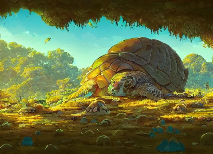 Image similar to concept art of a turtle landscape made of turtles, cel shaded, in the style of makoto shinkai and moebius and peter mohrbacher and anton fadeev
