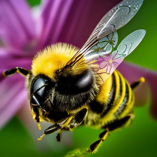 Prompt: Macro photograph, of a bee made from translucent glass, hovering above a flower made of silk. bokeh