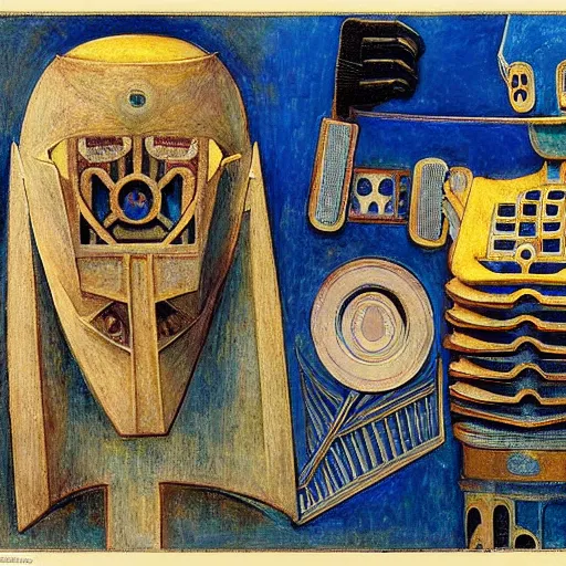 Image similar to the robot in her intricate mechanical mask stand on the lawn, by annie swynnerton and diego rivera and kit williams and leo and diane dillon and nicholas roerich, symbolist, dramatic lighting, elaborate geometric ornament, art brut, god rays, soft cool colors, smooth, sharp focus, extremely detailed, adolf wolfli