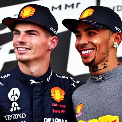 Image similar to max verstappen and lewis hamilton as best friends