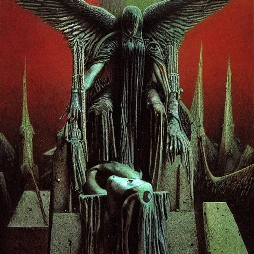 Prompt: fallen angel sitting on a throne in a dark temple, beksinski, wayne barlowe, adrian smith fantasy art, hr giger