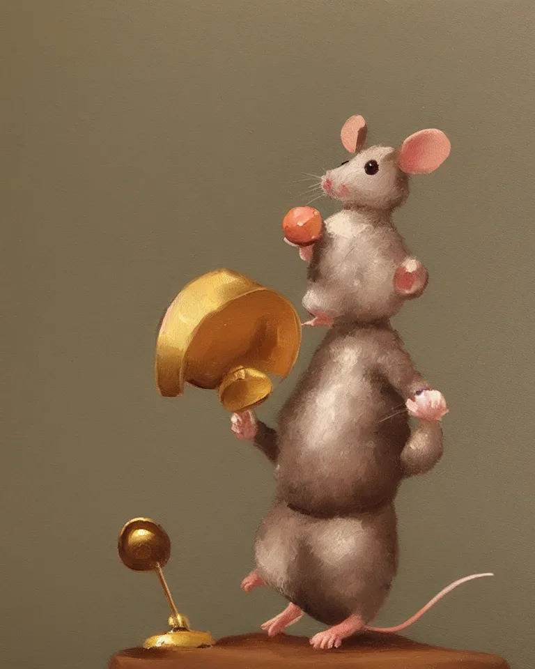 Image similar to an old oil painting of a cute mouse standing on two legs and holding a round bell, trending on artstation