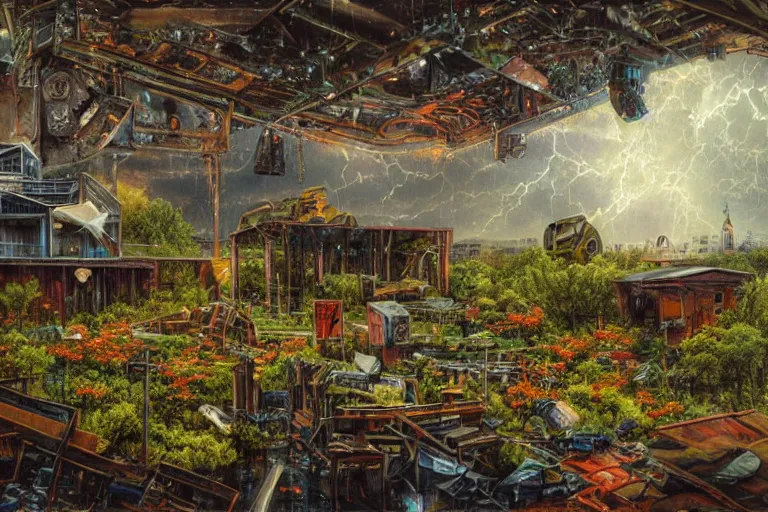 Prompt: hyperrealism, scene from church, thunderstorm, starship, junkyard, louisiana swamps, orange blooming flowers garden, 8 k, 8 0 s japanese sci - fi books art