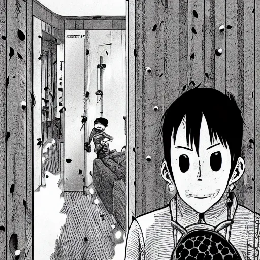 Image similar to close-up scene neighbor holding a drill and drilling holes in a room, all wall is drilled with holes, manga, professional manga artwork, very detailed, black and white manga horror in style of junji ito, kentaro miura, Tsutomu Nihei