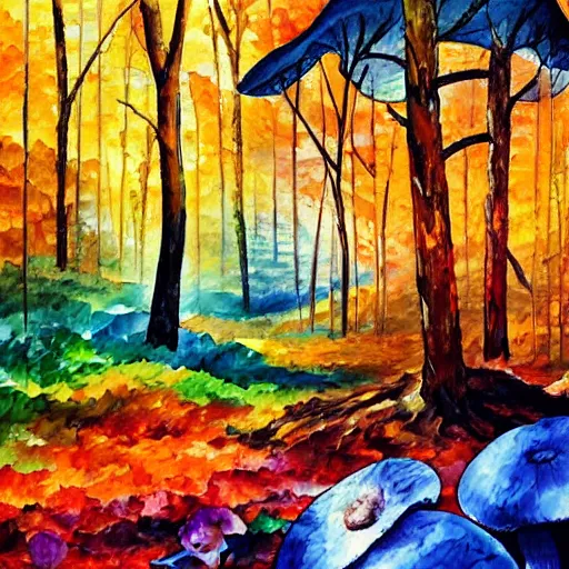 Image similar to A watercolor painting by Afremov of a psychedelic orange and blue mushroom growing on the ground in the middle of a forest.