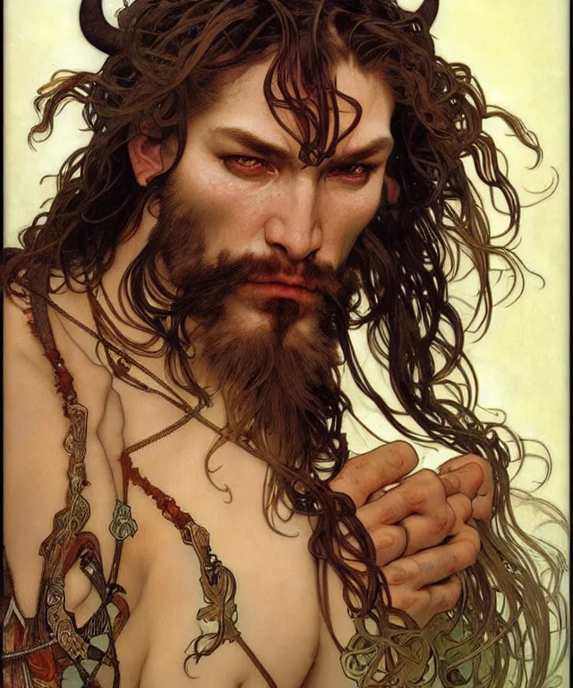 Prompt: realistic detailed face portrait of a rugged beast shaman by alphonse mucha, ayami kojima, amano, greg hildebrandt, and mark brooks, male, masculine, art nouveau, neo - gothic, gothic, character concept design
