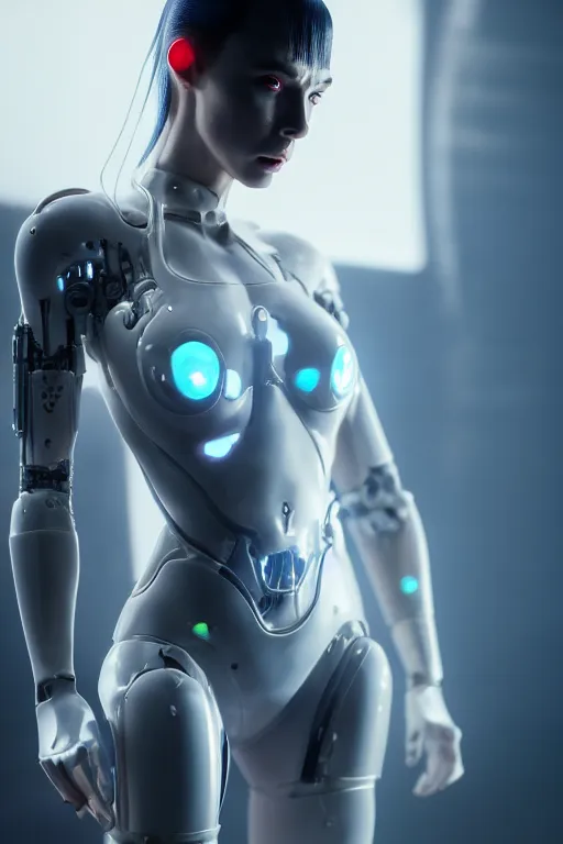 Image similar to cinematic shot of a cyborg woman with a porcelain body, perfect body, athletic, delft porcelain, led details, blade runner, ghost in the shell, futuristic, 8 k resolution, hyperdetailed, beautiful lighting, octane rendered, poser, photorealistic, exquisite details