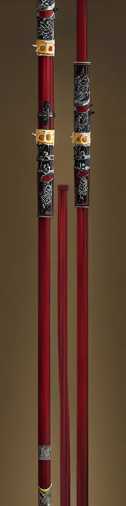 Image similar to single wooden long straight thin ninja fighting staff decorated with oriental ornaments, polished, weapon, highlight, vertical, centred, highly symmetric, sci - fi, fantasy, japan, dnd, close shot, bright uniform background, directional lighting, digital art, hyperrealism, award winning, 8 k