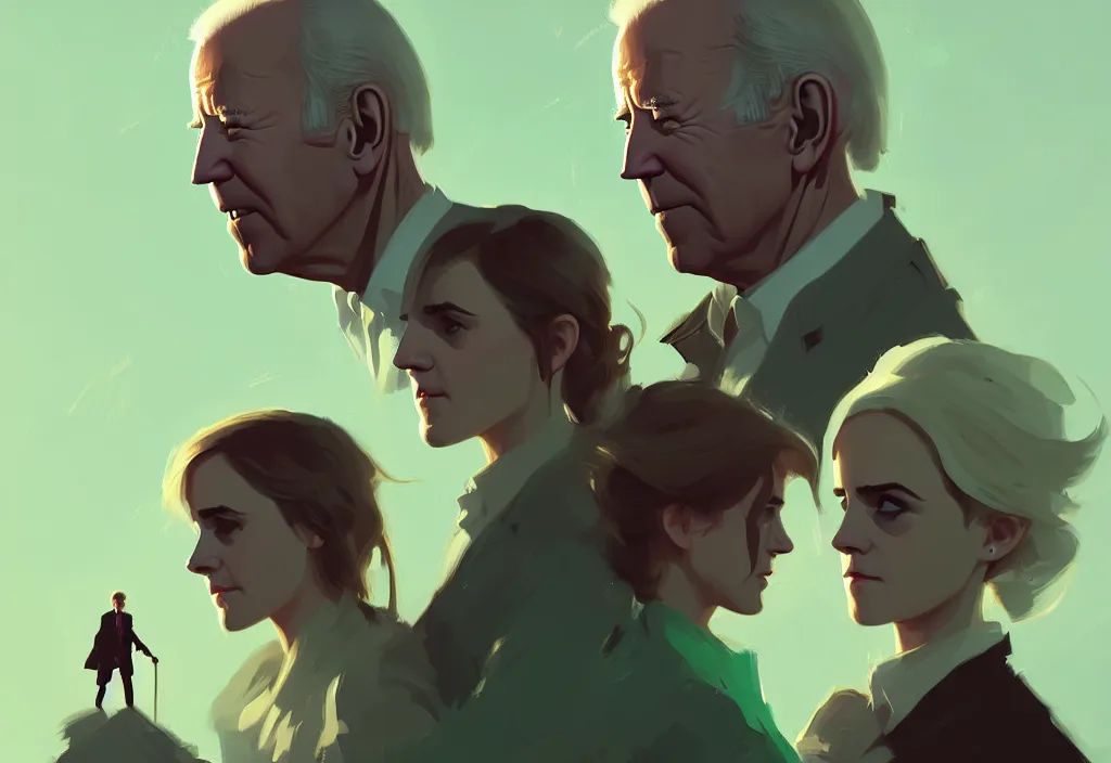 Prompt: portrait of joe biden and emma watson, fantasy, by atey ghailan, by greg rutkowski, by greg tocchini, by james gilleard, by joe gb fenton, dynamic lighting, gradient light green, brown, blonde cream, salad and white colors in scheme, grunge aesthetic