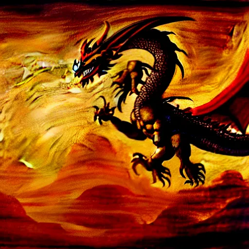 Prompt: Painting of a divine dragon in the style of Leonardo Da Vinci and Michelangelo, cinematic, 4k, landscape, fire