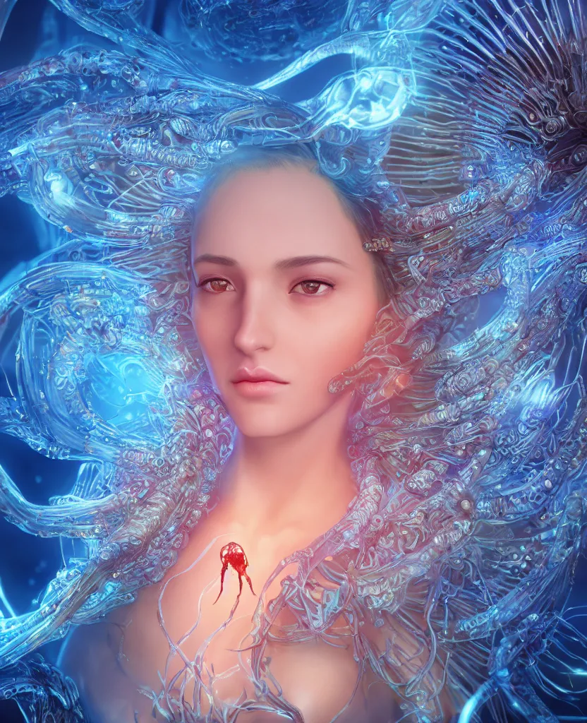 Image similar to close-up macro portrait of the face of a beautiful princess, epic angle and pose, symmetrical artwork, 3d with depth of field, blurred background, cybernetic jellyfish female face skull phoenix bird, translucent, nautilus, energy flows of water and fire. a highly detailed epic cinematic concept art CG render. made in Maya, Blender and Photoshop, octane render, excellent composition, cinematic dystopian brutalist atmosphere, dynamic dramatic cinematic lighting, aesthetic, very inspirational, arthouse. y Greg Rutkowski, Ilya Kuvshinov, WLOP, Stanley Artgerm Lau, Ruan Jia and Fenghua Zhong