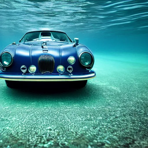 Image similar to hyperrealistic photo of an old jaguar car underwater in a swimming pool, 4 k, 8 k, thin film, full shot