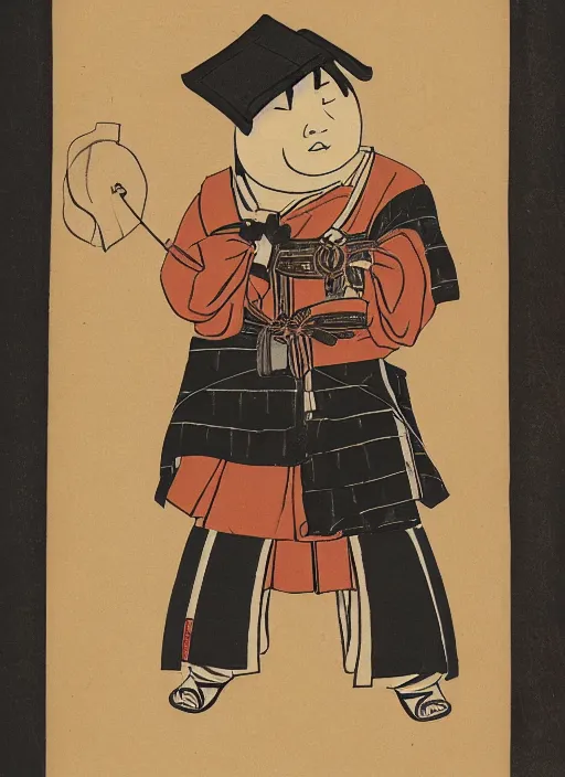 Prompt: portrait of a very very rotund samurai holding a pistol