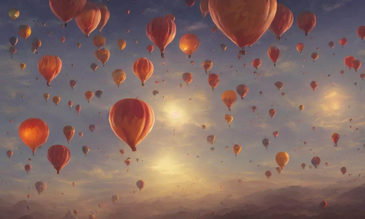 Prompt: floating hot air balloons, mystical scene, artstation, digital art, detailed, 35mm, by Noah Bradley