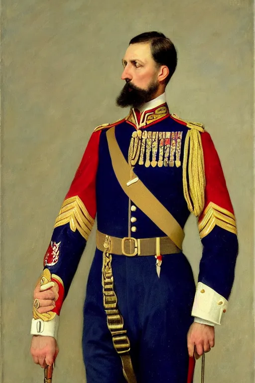 Prompt: full body portrait of the dictator of the new orleans pelicans, 1 8 8 9, in full military garb, midnight blue, red, gold and white, oil on canvas by william sidney mount, trending on artstation