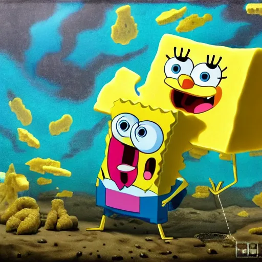 Prompt: A full body photo of the beautiful SpongeBob SquarePants made of cheese as a siren, he is looking straight to the camera, he has a glow coming from him, she is getting illuminated for rays of light that cross the sea, behind is a scary atmosphere of The Krusty Krab, the photo was taking by Annie Leibovitz, matte painting, oil painting, naturalism, 4k, 8k