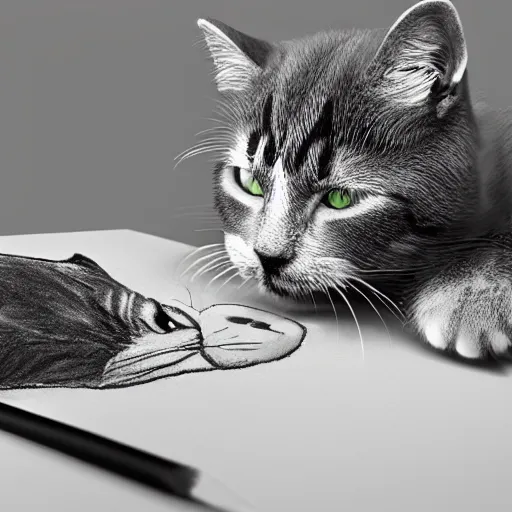 Image similar to Cat drawning himself with brush on canvas, realistic 3d render,