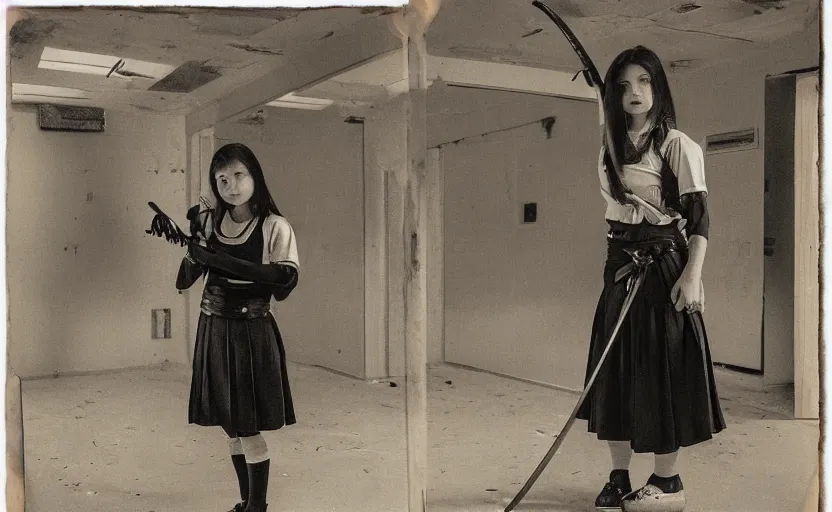 Prompt: School girl holding a katana and standing on an abandoned hospital room, by Robert Venosa