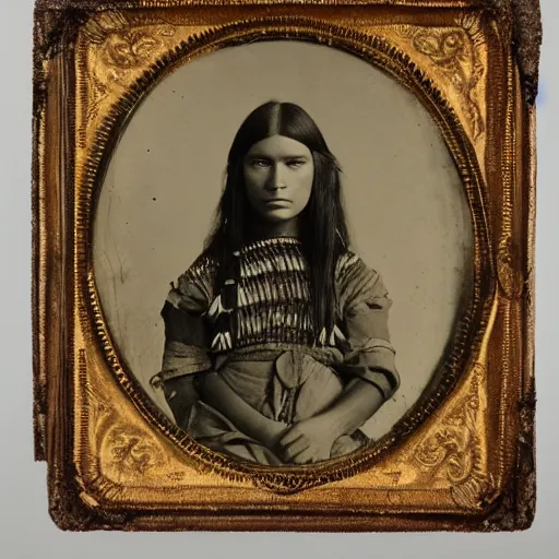 Prompt: victorian photo portrait of Predator and a native american warrior girl, 1825