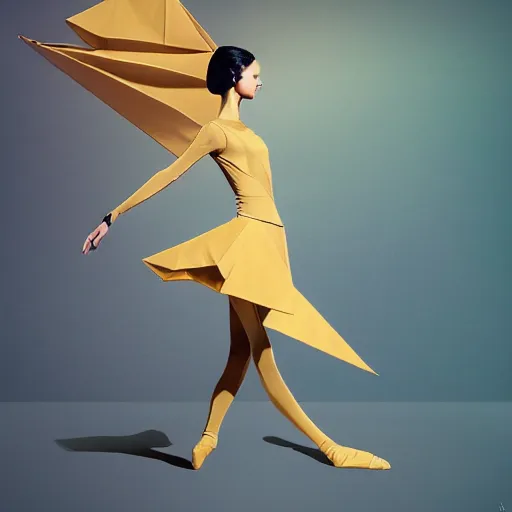 Image similar to 3 / 4 view of a ballerinal wearing an origami dress, eye - level medium shot, elegant, by eiko ishioka, givenchy, philippe druillet, by peter mohrbacher, centered, fresh colors, origami, fashion, detailed illustration, vogue, high depth of field, japanese, reallusion character creator