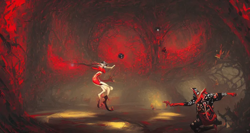 Image similar to a warping tunnel of red and black checkerboard pattern with a jester dancing in it by peter mohrbacher, vivid colors, matte painting, 8K, concept art, mystical color scheme, trending on artstation