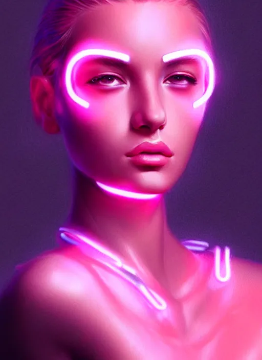 Image similar to photorealistic portrait of female humanoid, cyber neon lights, highly detailed, haute couture fashion, elegant, crispy quality, trending in artstation, trending in pinterest, glamor pose, no signature, no watermark, cinematic, art by artgerm and pascal blanche