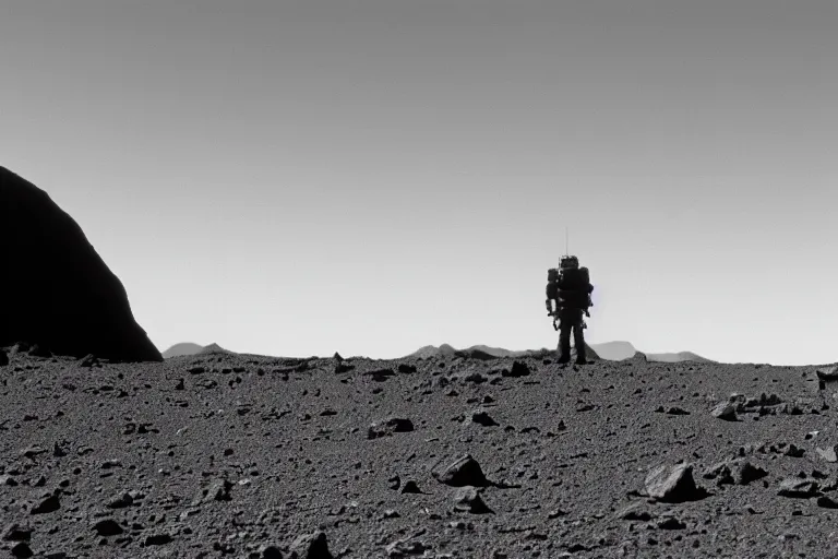 Image similar to a photo taken from a rover on the surface of an asteroid, black and white, spielberg, 3 5 mm film, cinematic 4 k