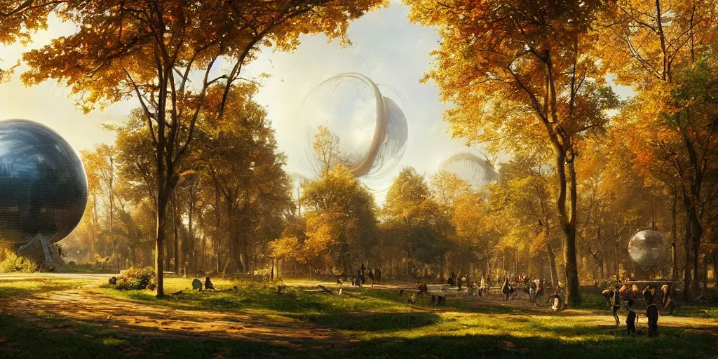 Prompt: a woodland city and park with a glorious spherical sci-fi building at its centre, bright and sunny day, autumn, Greg Rutkowski and Ivan Shishkin