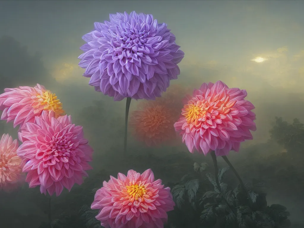Image similar to Iridescent dahlia, sunlight study, by Rachel Ruysch and Ivan Aivazovsky, 4k