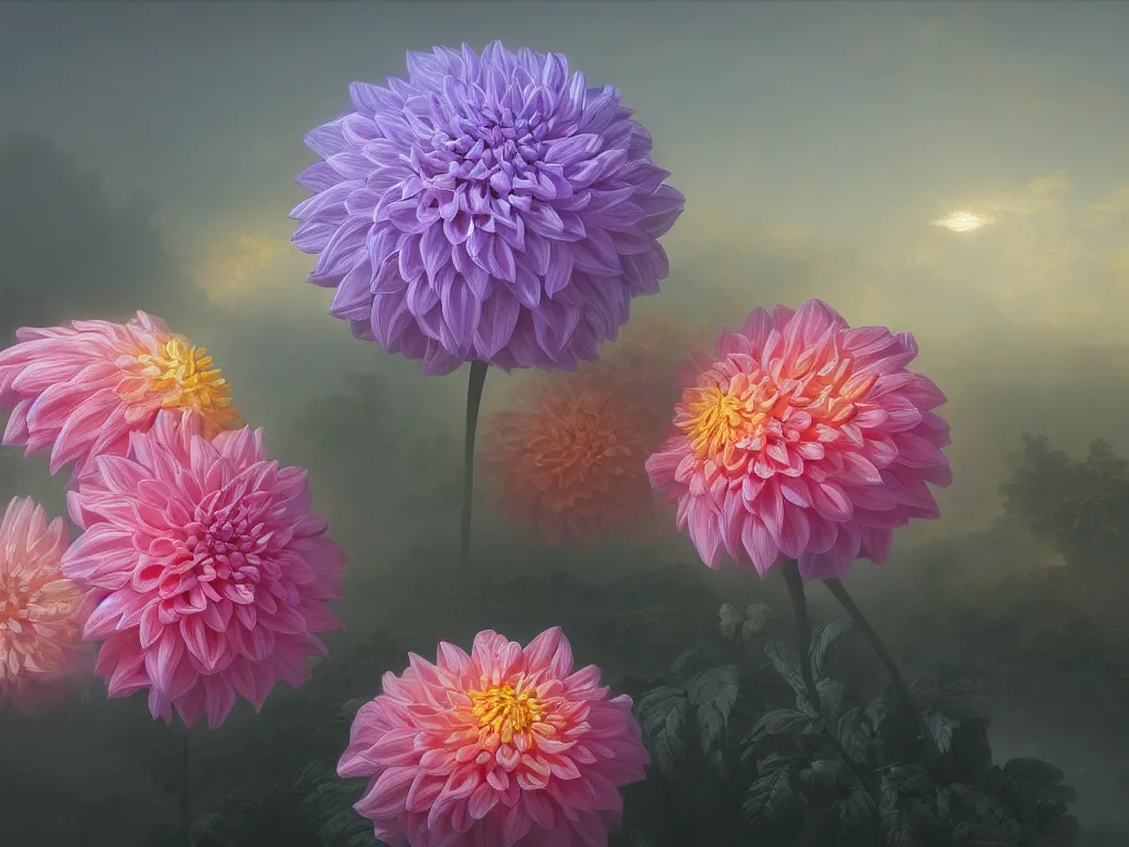 Prompt: Iridescent dahlia, sunlight study, by Rachel Ruysch and Ivan Aivazovsky, 4k