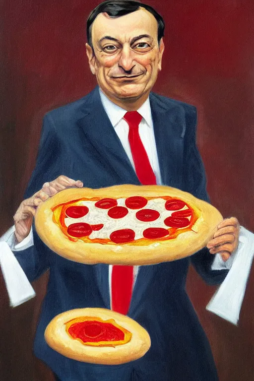 Prompt: oil painting, portrait of mario draghi, prime minister, sad, holding a pizza, italian flag, futurist style