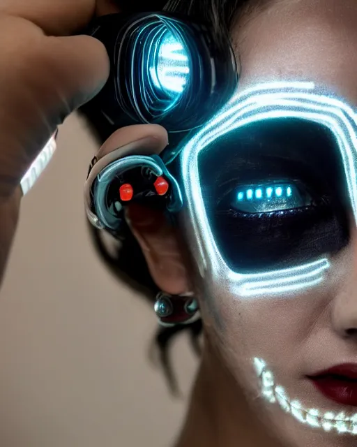 Image similar to close up photo portrait of sleepy female with cyberpunk robotic mechanic implants with linear bright led lights over face and neck, inside white room, ultra - realistic intricate and detailed, 8 k