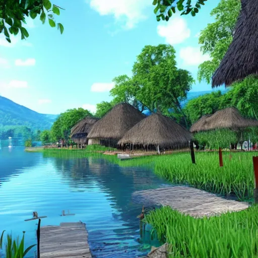 Prompt: guatemala village on a lake, with lots of trees and pastel colored vines and birds, with a fairytale village with grass on the horizon, unreal engine