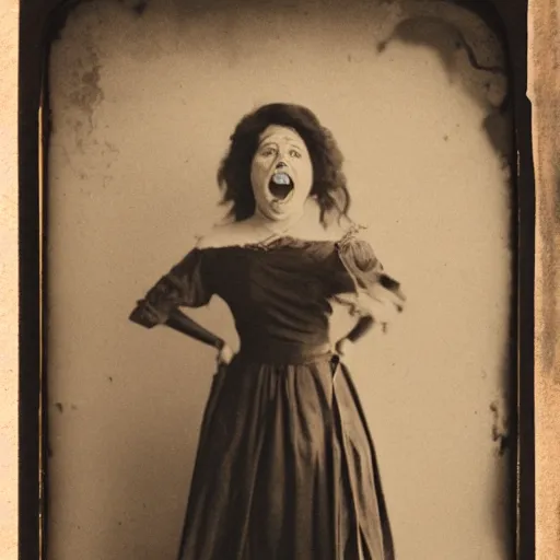 Prompt: tintype of a woman screaming