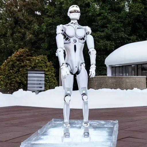 Image similar to made of ice, a realistic detailed photo of a guy who is an attractive humanoid who is half robot and half humanoid, who is a male android, on display, blank stare, showing off his muscles, shiny skin, posing like a statue, by the pool, frozen ice statue, f 1 driver max verstappen, humanoid robot