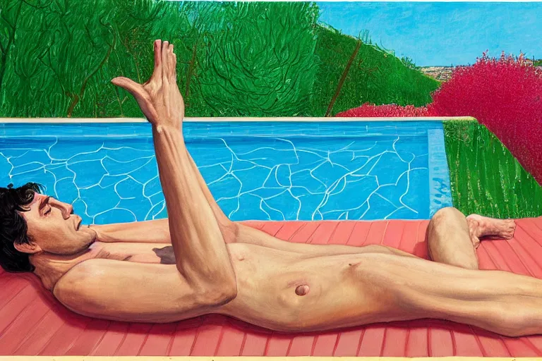 Image similar to justin trudeau sunbathing in a swimming pool in a house in california, summer blue sky, shimmering water, lush trees and bushes garden lawn, by david hockney, peter doig, lucien freud, francis bacon, pop realism, oil on canvas