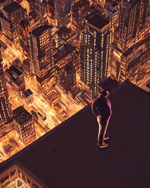 Prompt: an unreal engine photorealistic render of a night rooftop scene, neon lights in the city below, close up shot of a photorealistic gangster wearing a trench coat looking at the city below, global illumination