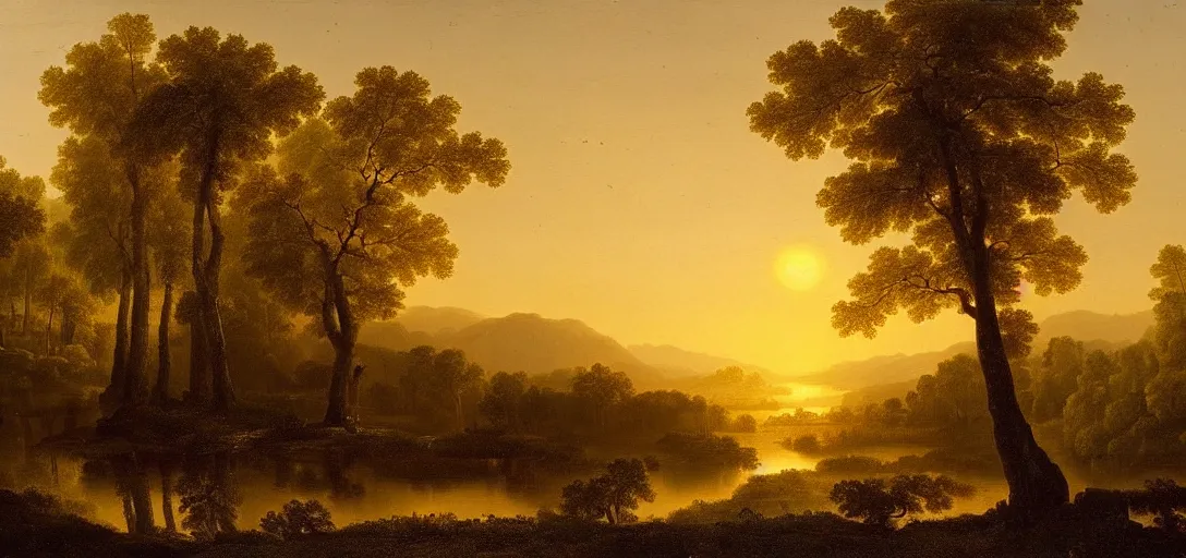 Image similar to a forest with diamond trees at sunset there is golden castle off in the distance, highly detailed landscape painting by claude lorrain, golden hour, misty ominous atmosphere